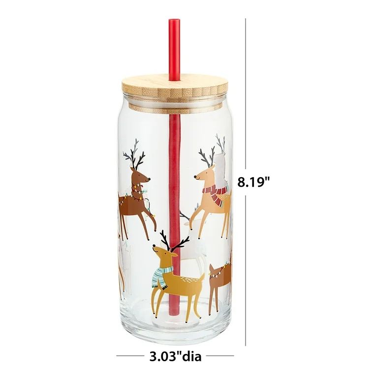 Holiday Time 20-Oz Glass Reindeer Can Glass with Lid & Straw | Walmart (US)