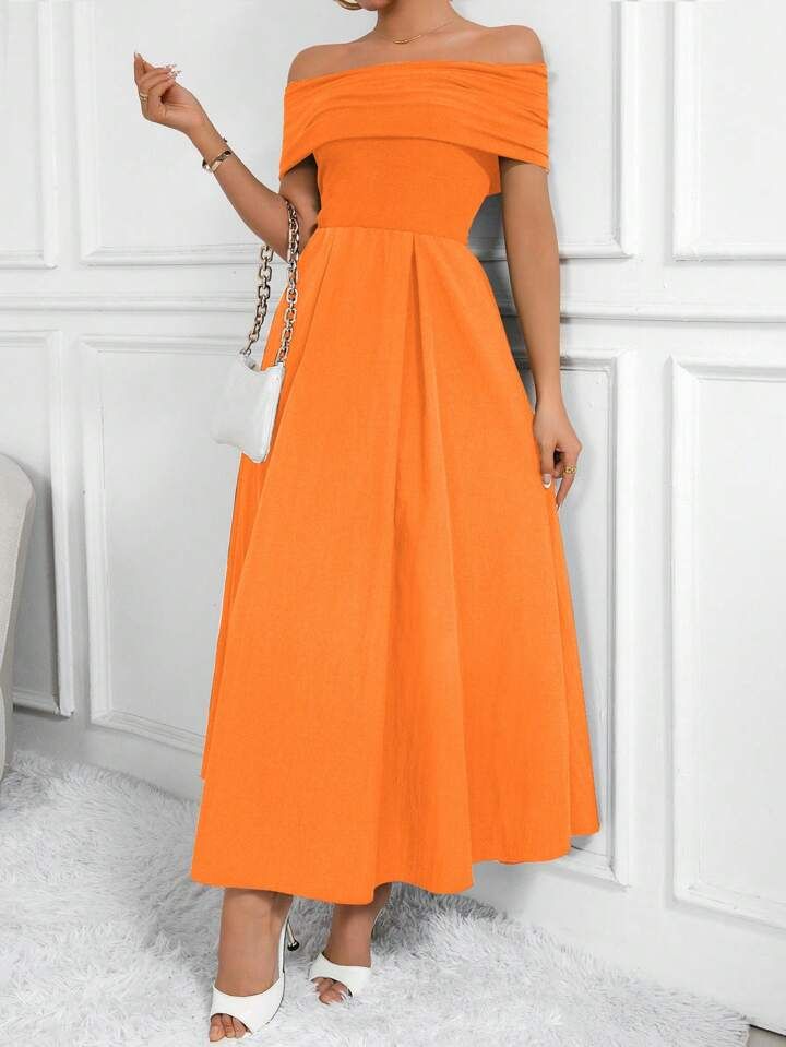 SHEIN Clasi Women Fashion Solid Color Off Shoulder Belted Dress | SHEIN