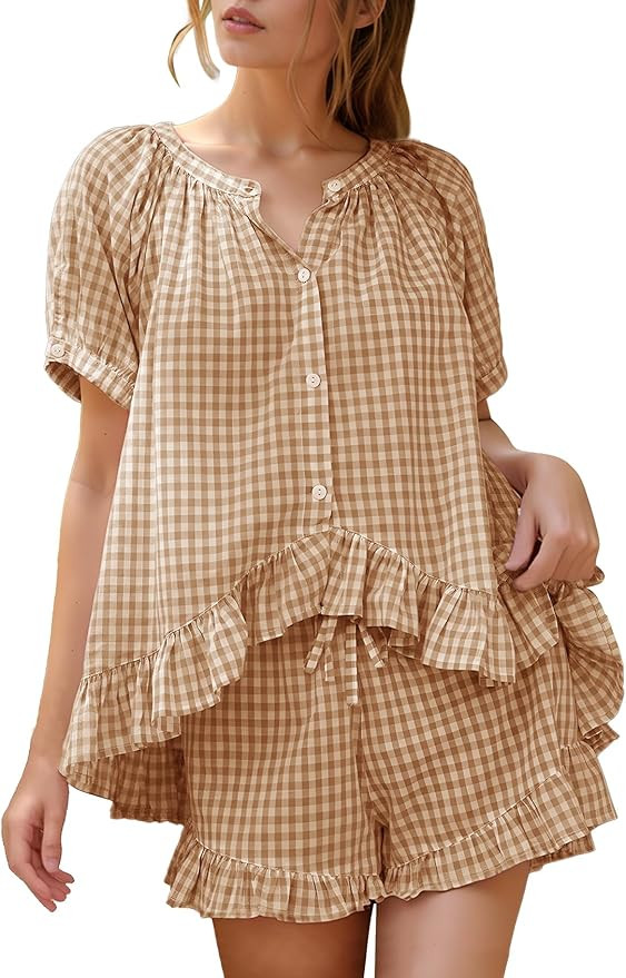 Flygo Womens Gingham Pajamas Set 2 Piece Cotton Pj Lounge Sets Puff Sleeve Ruffle Babydoll Shirt ... | Amazon (US)