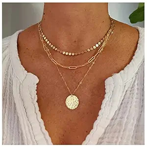 Iaceble Bohemia Layered Disc Choker Necklace Tiny Disc Chain Necklace Gold Paperclip Chain Neckla... | Amazon (US)