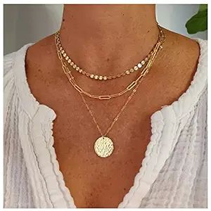 Iaceble Bohemia Layered Disc Choker Necklace Tiny Disc Chain Necklace Gold Paperclip Chain Neckla... | Amazon (US)