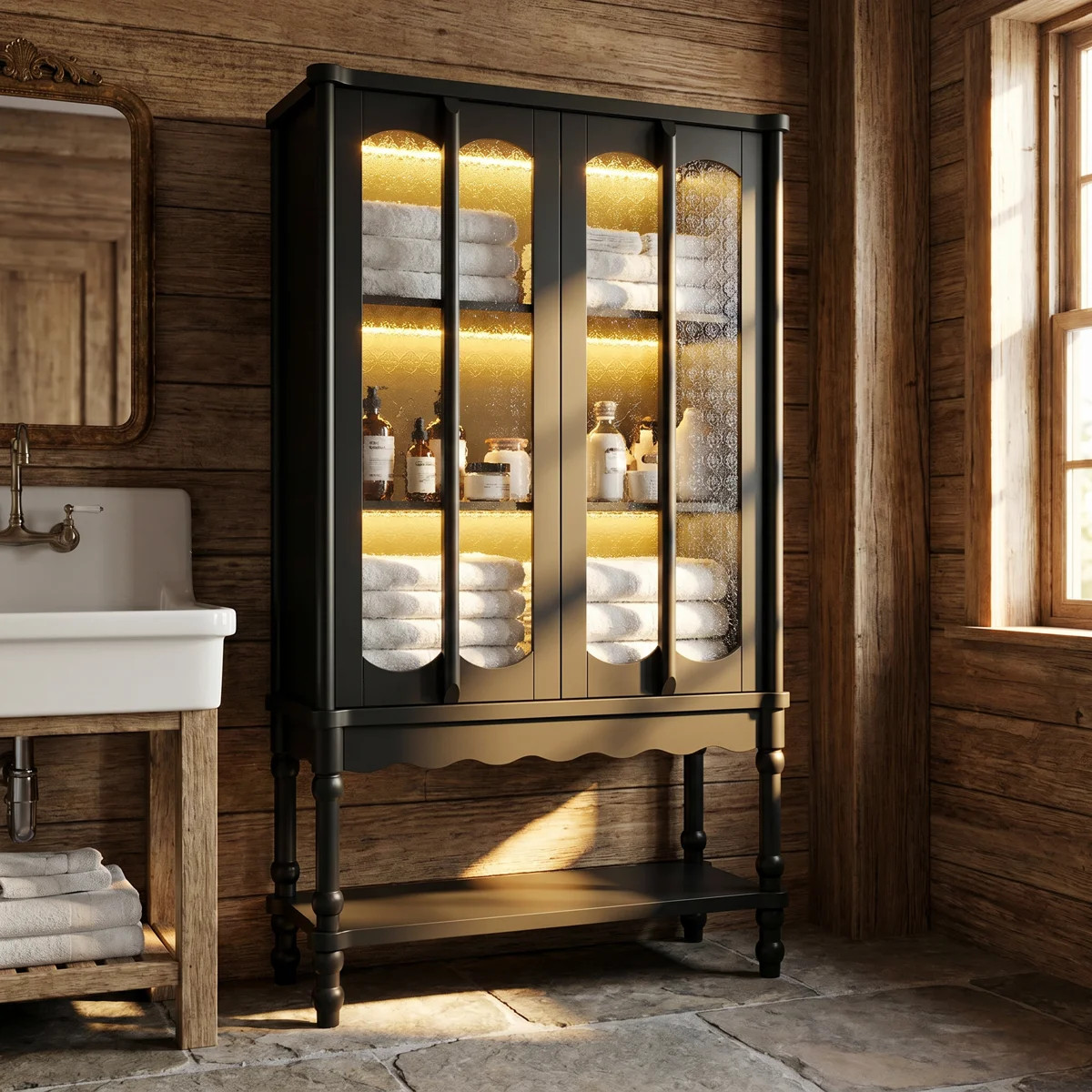 Bathroom Linen Cabinet With Begonia-Style Tempered Glass Doors And Rubber Solid Wood Legs | Wayfair North America