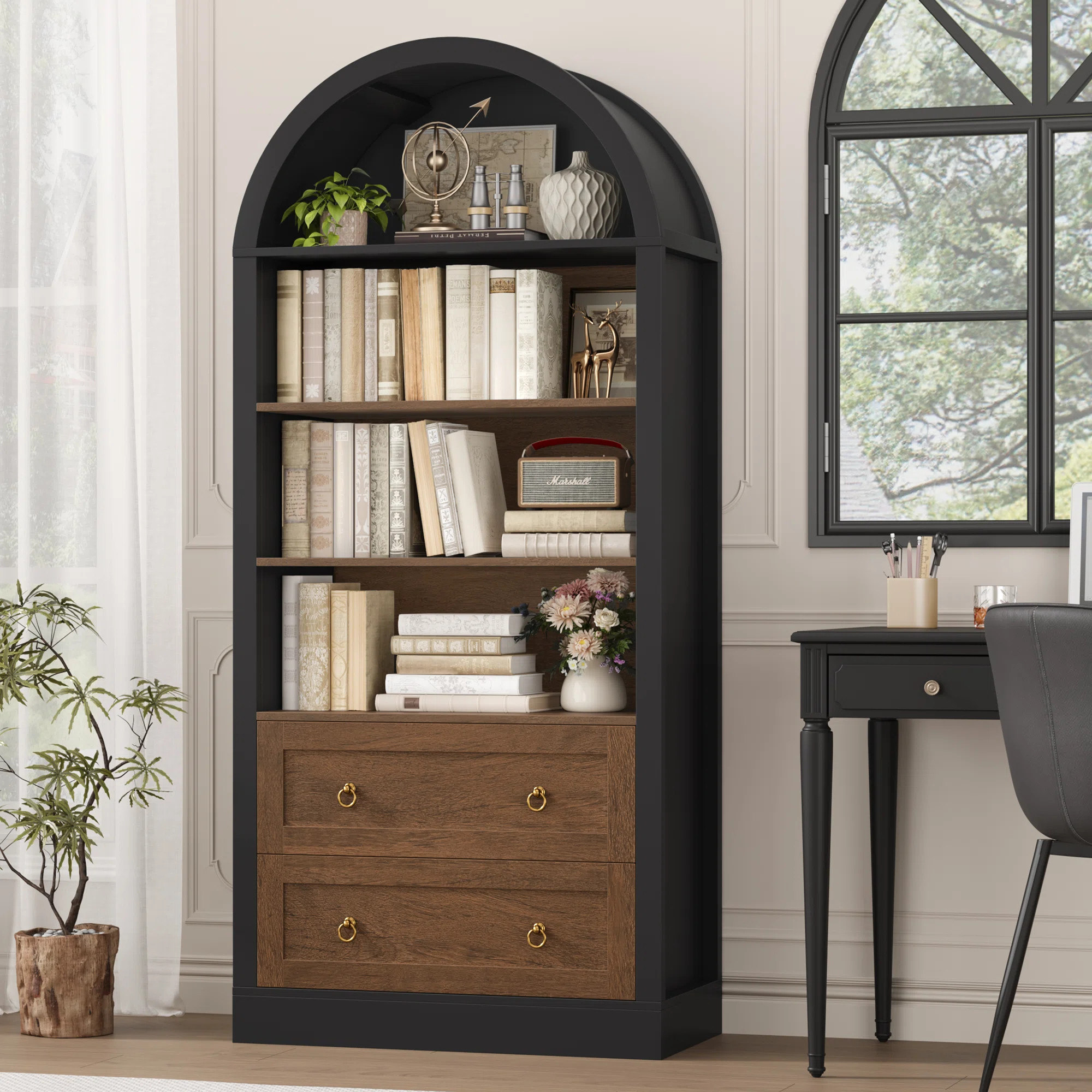 69.7"H Arched Bookcase With 2 Drawers | Wayfair North America