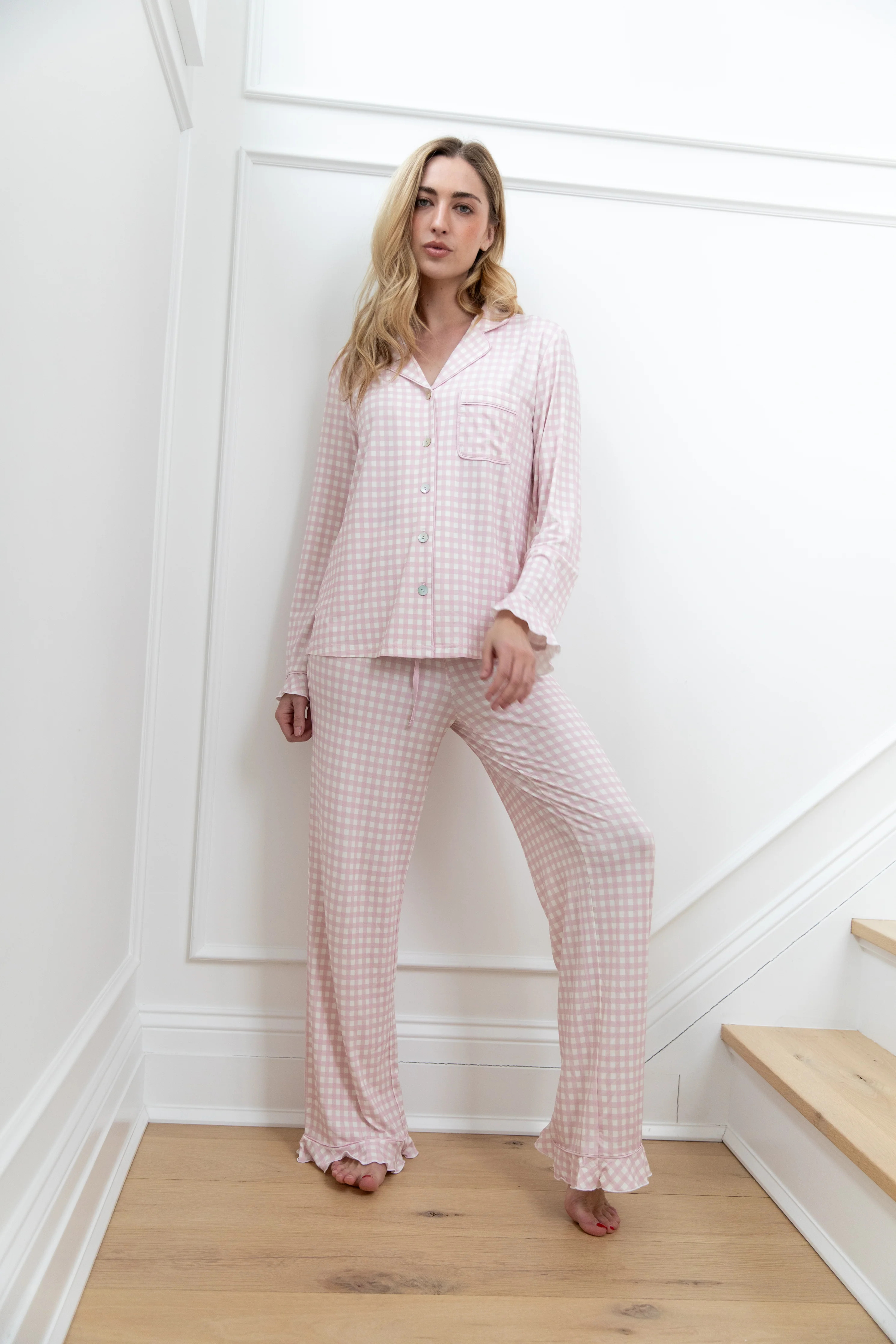 Ruffle Bamboo Pajama Set in Pink Gingham | waverles