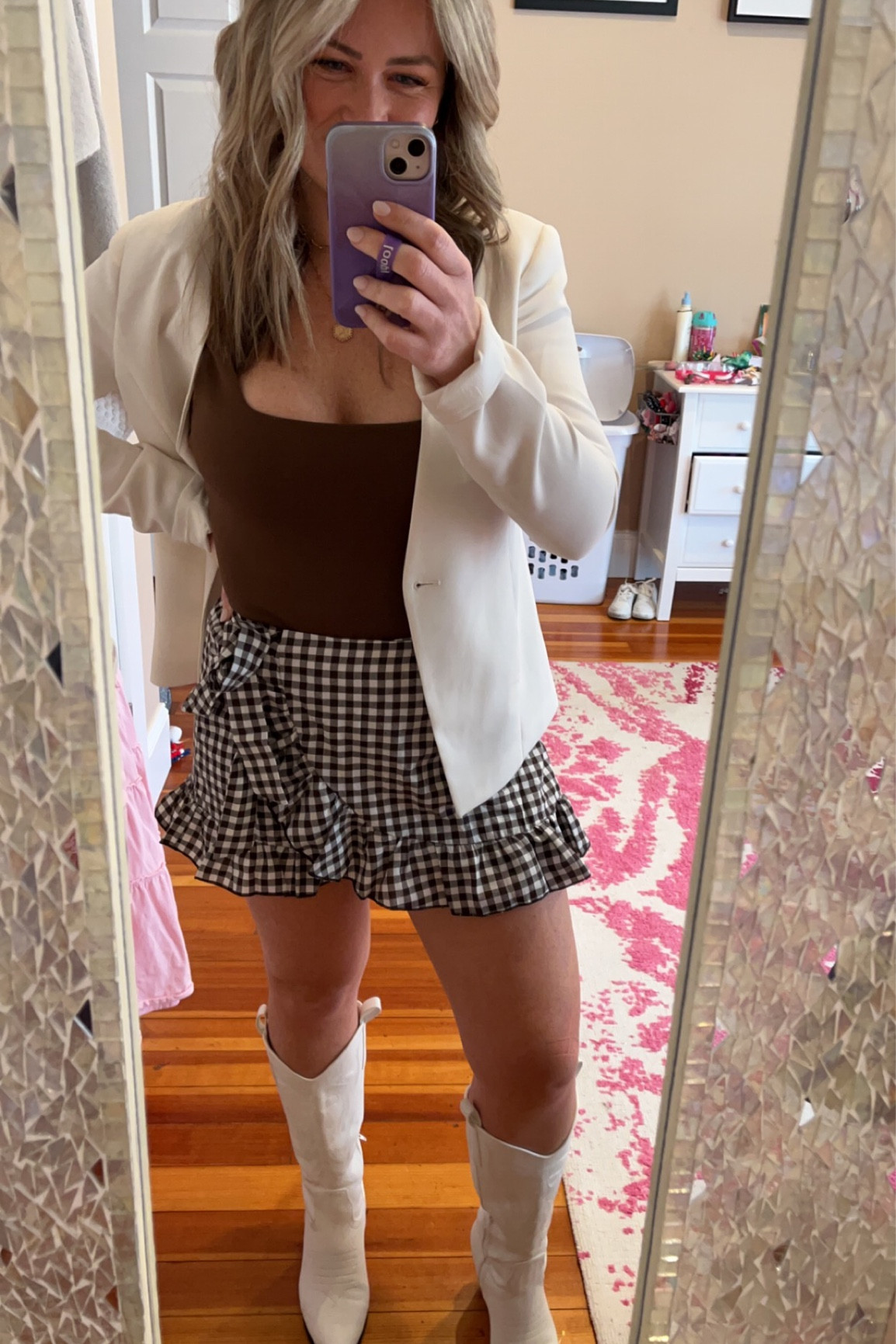 Easter Fit! #ootd #skort #whiteblazer #whiteboots #cowboyboots 

#LTKSeasonal #LTKunder50 #LTKstyletip