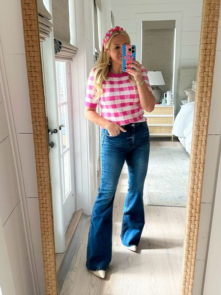 I love this pink and white gingham sweater top. It’s so cute for spring I am wearing a size small the jeans are a size 26 and they are total perfection and the perfect flare denim! grab the full head to toe look for 15% off with code Fancy15.

#LTKsalealert #LTKfindsunder100 #LTKSeasonal
