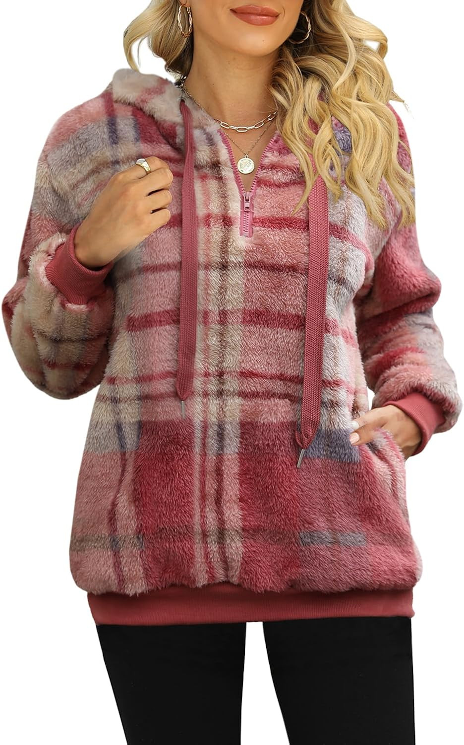 ReachMe Womens Oversized Sherpa Pullover Hoodie with Pockets Fuzzy Fleece Sweatshirt Buffalo Plaid F | Amazon (US)