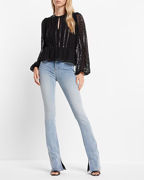 Faux Leather & Lace Long Sleeve Peplum Top | Express