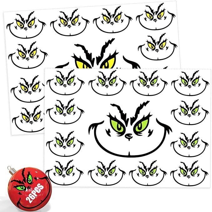 26 PCS Christmas Decorations Stickers, Yellow and Green Eyes Face Decals for Ornaments, Waterproo... | Amazon (US)