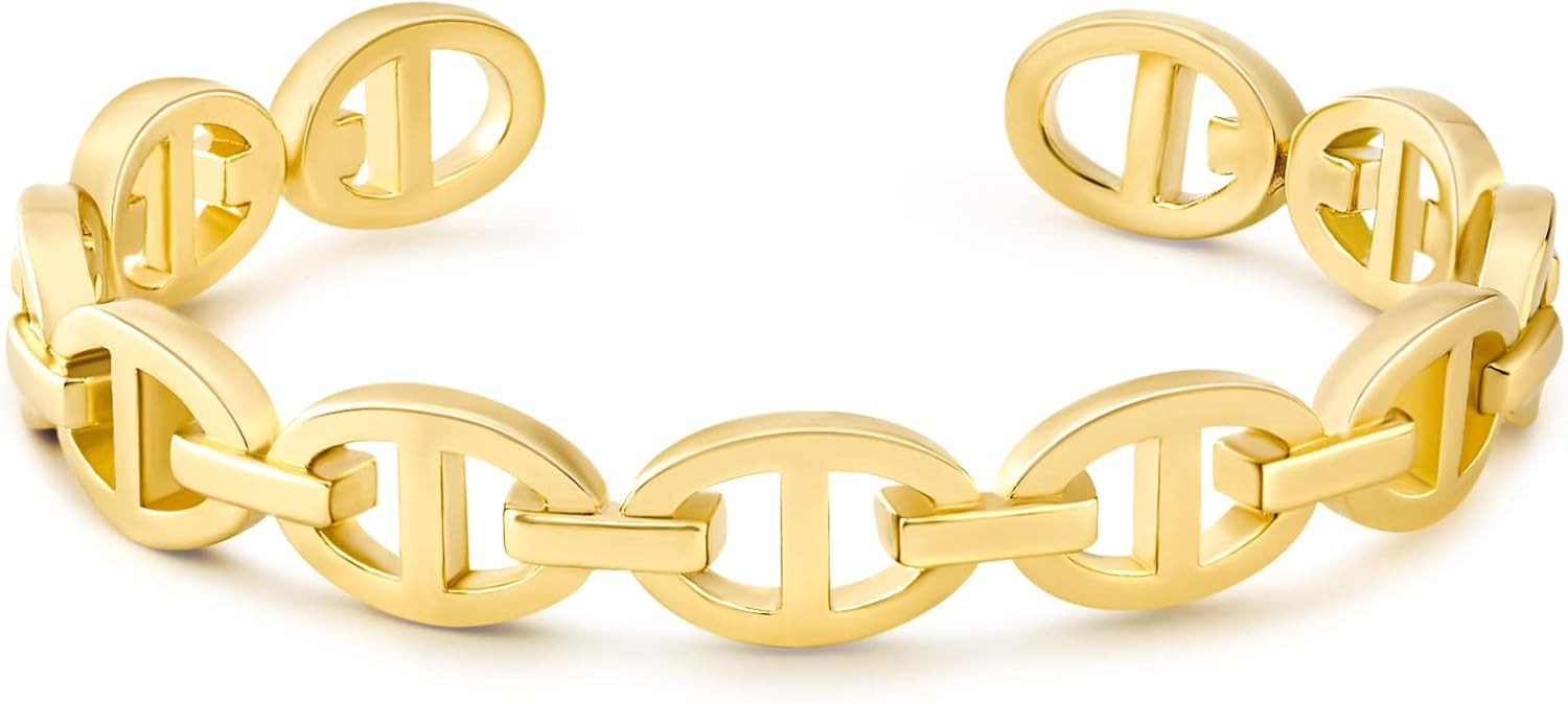 KissYan Gold Cuff Bangle Bracelets for Women, 14K Gold Plated Adjustable Open Cuff Bracelet Flat ... | Amazon (US)