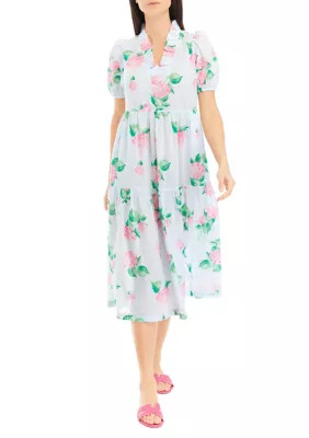Women's Short Sleeve Midi Ruffle Neck Printed Dress | Belk