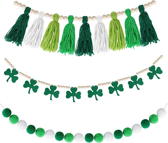 St. Patrick's Day Garland Shamrock Clover Garland Banner 3 Sets with Pompom Hanging Banner Wooden... | Amazon (US)