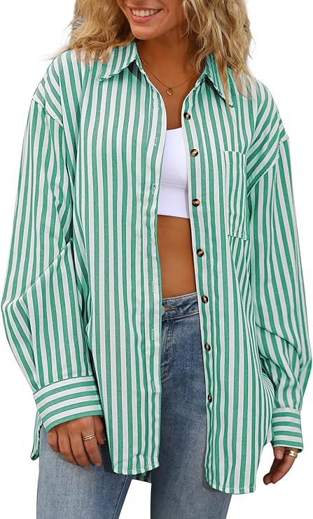 CHYRII Womens Striped Button Down Shirt Casual Long Sleeve Blouse Top | Amazon (US)