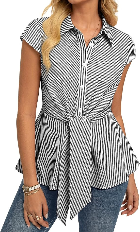 GRACE KARIN Striped Button Down Shirts Women,Short Sleeve Peplum Tops Business Casual,Tie Front W... | Amazon (US)