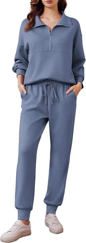 PINSPARK 2 Piece Sets for Women 2024 Fall Travel Outfits Long Sleeve Tracksuit Joggers Sets Half ... | Amazon (US)