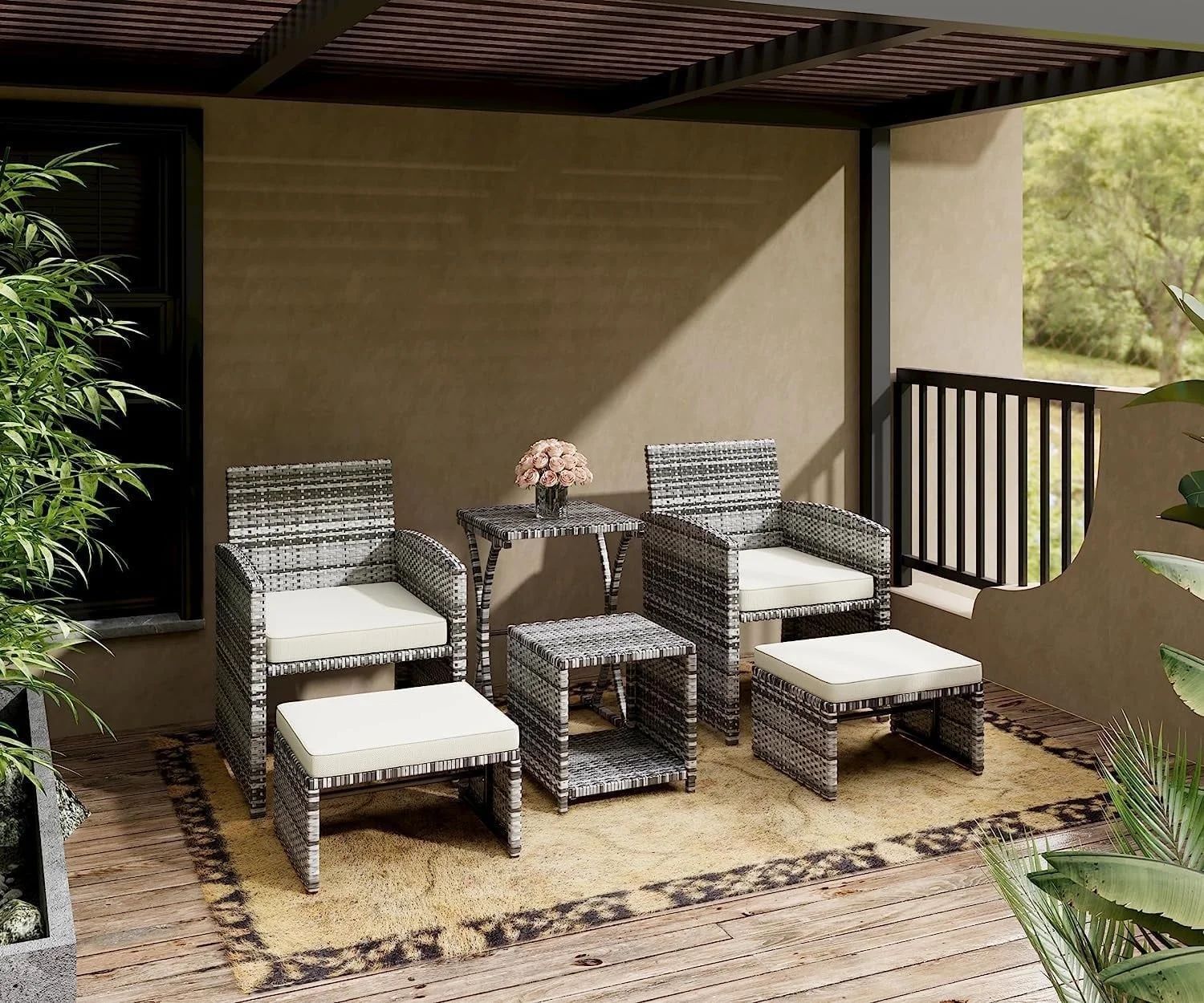 6 Piece Patio Furniture Conversation Set with Ottoman, Outdoor Black&Grey Wicker Chair and Table ... | Walmart (US)