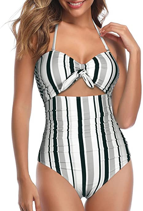 Tempt Me Women Sexy Cutout One Piece Swimsuits Tummy Control High Waisted Halter Front Tie Kn... | Amazon (US)