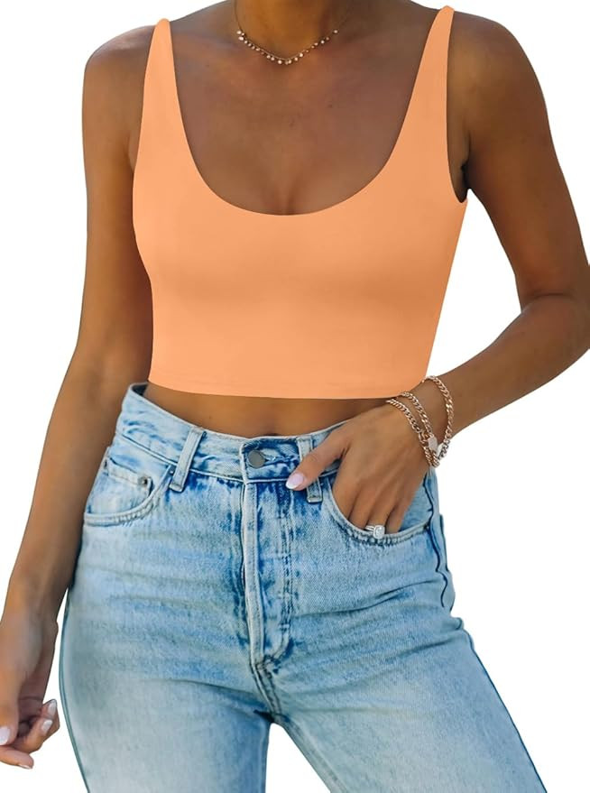 REORIA Women's Sexy Deep Scoop Neck Double Lined Seamless Sleeveless Cropped Cami Tank Yoga Crop ... | Amazon (US)