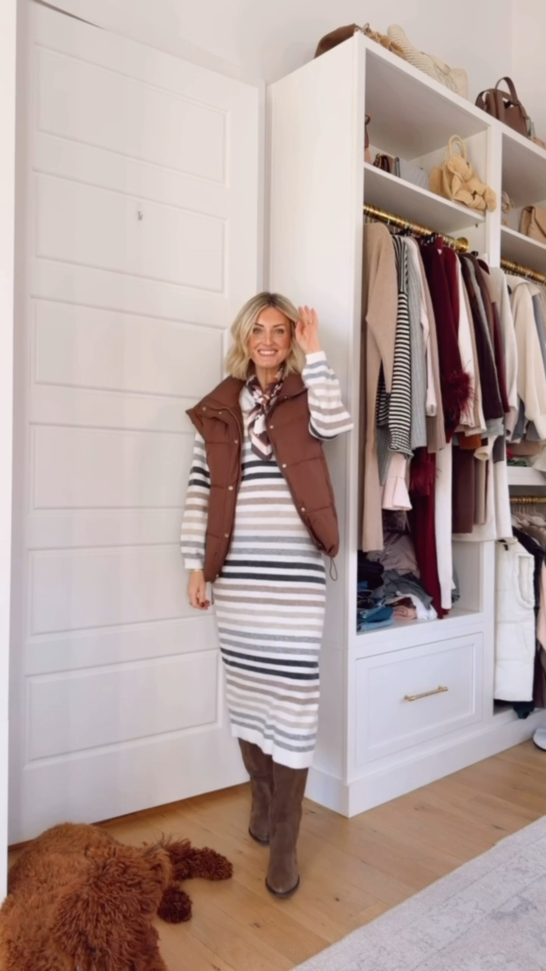 This oversized puffer vest has been on repeat for me this winter! I love how you can wear it over athleisure or dress it up with styling it like I did here! Wearing XS in the vest & XS in the midi sweater dress!

Loverly Grey, winter outfit, maternity, puffer vest, brown vest, sweater dress, suede boots, western boots 

#LTKSeasonal