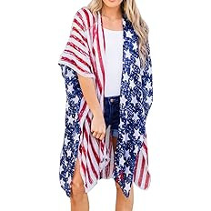 Women's American Flag Kimono Cardigan 4th of July Cover Up Lightweight Patriotic Kimono Cover Up | Amazon (US)