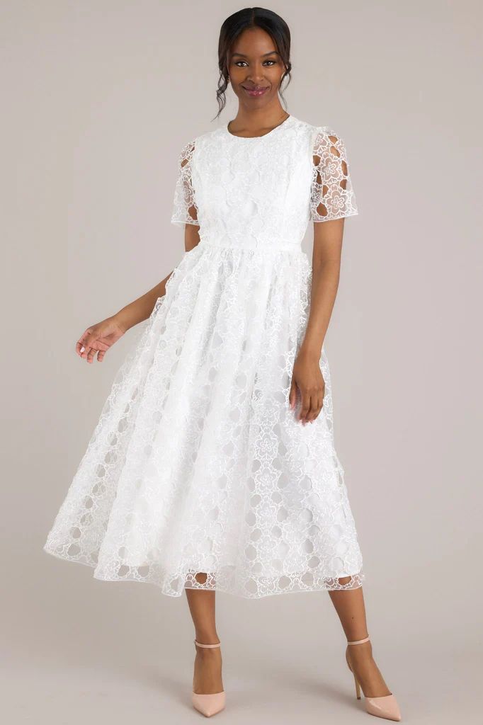 Life’s Pathways White Floral Embroidered Midi Dress | Red Dress