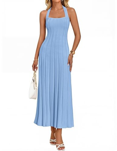 MEROKEETY Women's 2026 Spring Summer Sweater Dress Casual Halter Sleeveless Elegant Ribbed Knitted Bodycon Midi Dresses, Blue, Large | Amazon (US)