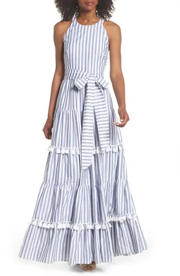 Women's Eliza J Tiered Tassel Fringe Cotton Maxi Dress | Nordstrom