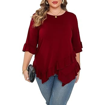 Beauhuty Plus Size Tops for Womens Tunic Ruffled Hem Crew Neck T-Shirts Casual Flowy Blouses 3/4 ... | Amazon (US)