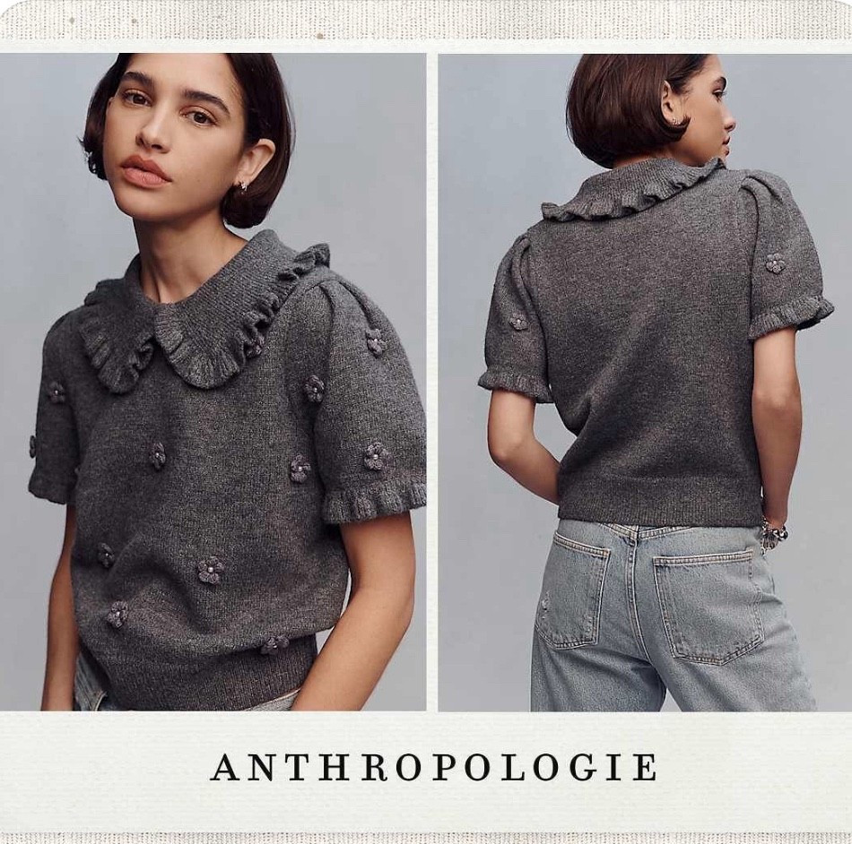 English Factory Pearl Short-Sleeve Collared Sweater