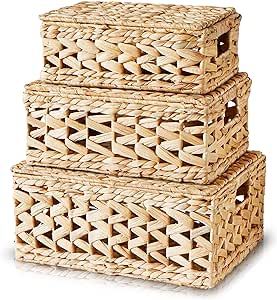 Chi An Home Wicker Storage Baskets with Lids, Set of 3 Lidded Hyacinth Baskets for Organizing, Wo... | Amazon (US)