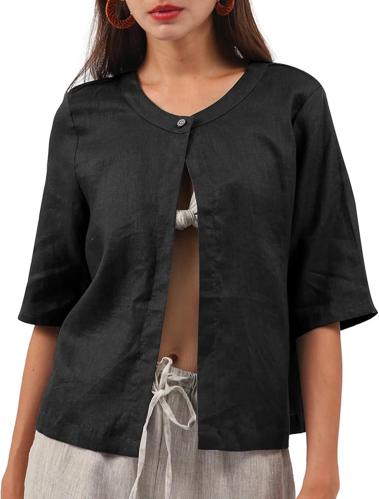 Amazhiyu Women Pure Linen Open Front Cropped Cardigan Elbow Sleeve Summer Jacket | Amazon (US)