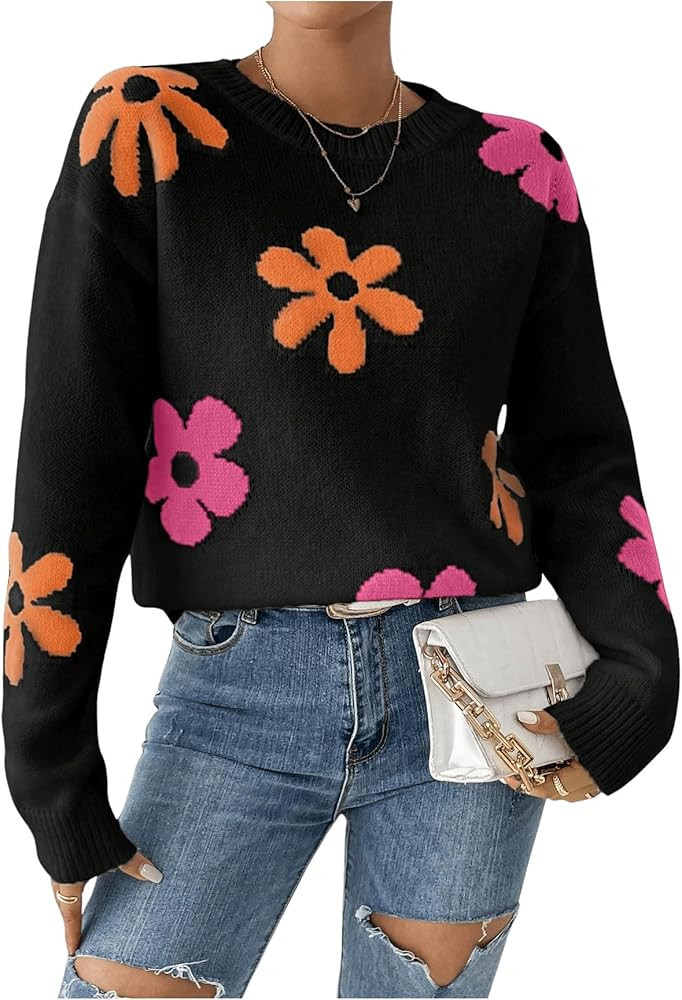 SOLY HUX Women's Floral Pattern Long Sleeve Drop Shoulder Sweaters Pullover Tops | Amazon (US)