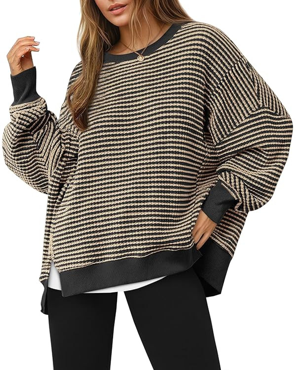 Fisoew Women's Fall Oversized Sweatshirt Casual Waffle Knit Long Sleeve Crewneck Split Pullover T... | Amazon (US)