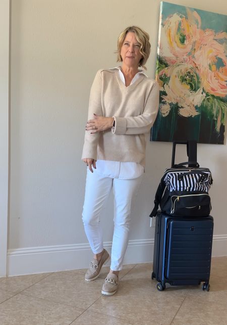 Faux collar and tail in this travel outfit. Feels like cashmere! Wear with white denim, blue jeans and boots in the Fall season. Love these very supportive loafers that are tts. #traveloutfit #loafers 

#LTKshoecrush #LTKSeasonal #LTKtravel