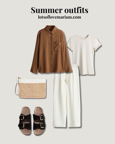 Sumer outfit idea - brown linen shirt, white linen trousers, basic fitted top (the best skims dupe fitted top!!), two strap suede sandals, straw clutch - everything you need in a summer capsule wardrobe 

#LTKmodest #LTKeurope #LTKsummer