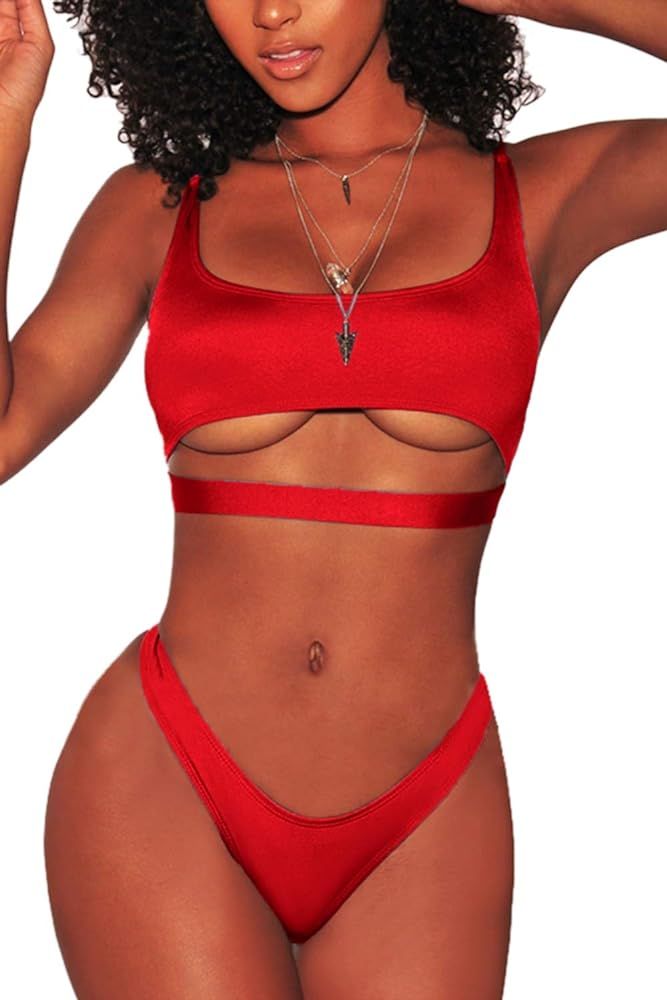 Women's Sexy Scoop Neck Cutout Strappy Cheeky Bottom Bikini Sets 2PCS Swimsuits | Amazon (US)