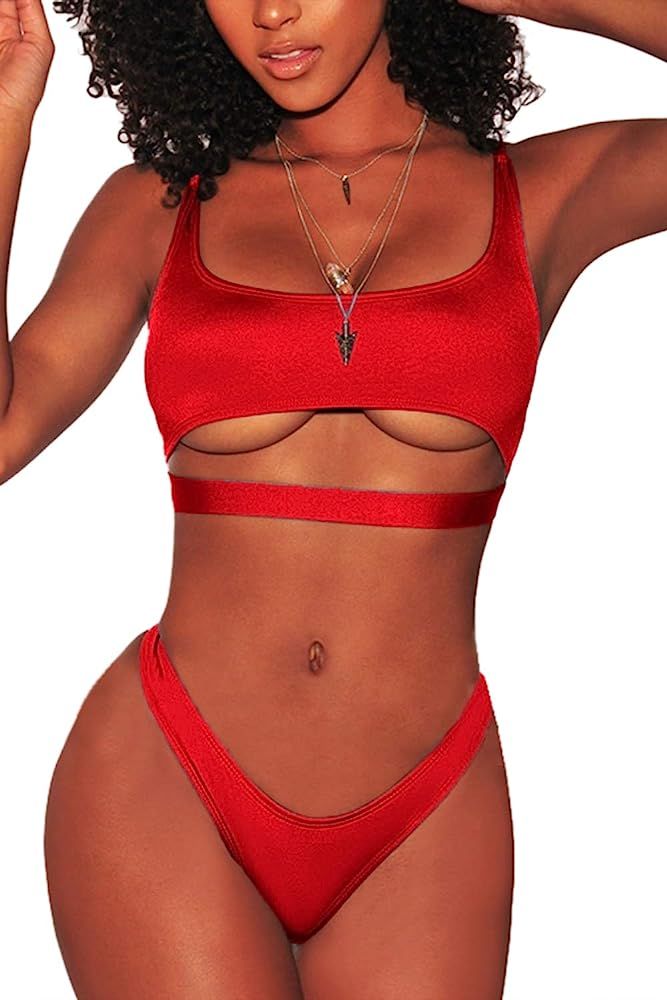 Women's Sexy Scoop Neck Cutout Strappy Cheeky Bottom Bikini Sets 2PCS Swimsuits | Amazon (US)