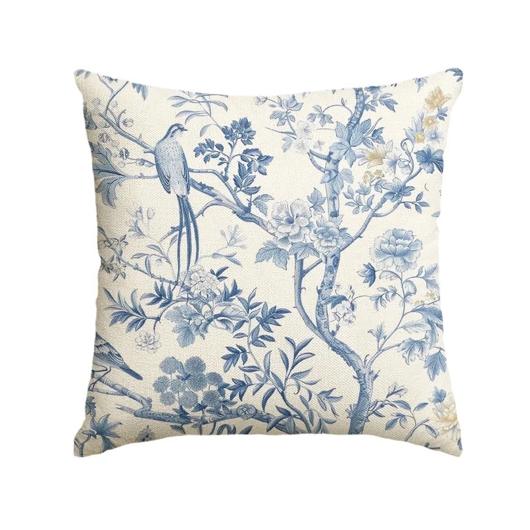 Sm:)e 18 x 18 Inch Chinoiserie Trees and Birds Blue and White Throw Pillow Cover, Outdoor Decorat... | Walmart (US)