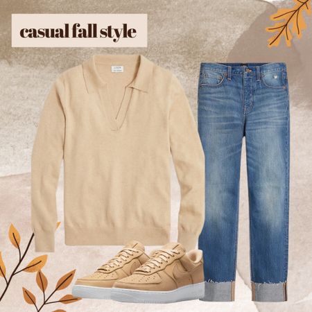 Casual fall outfit, camel color polo sweater, high rise straight jeans, vachetta tan Air Force 1 sneakers 

Fall ootd, fall style, fall aesthetic, easy fall outfit 

#LTKSeasonal #LTKstyletip #LTKshoecrush