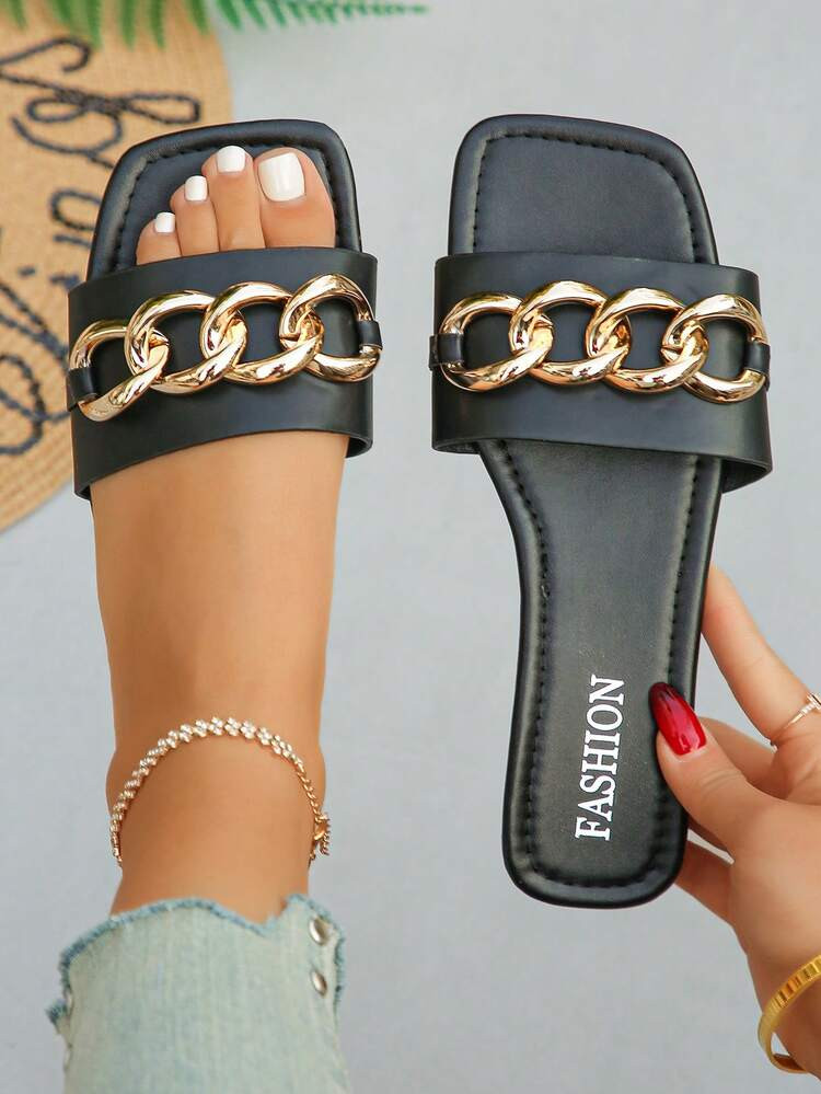 Gold Chain Decor Square Toe Flat Sandals, Black Color, Versatile Comfortable Soft Bottom Black Slide Sandals, Suitable For Indoor/Outdoor, Casual, Beach, Vacation, Gift For Mother's Day Elegant Black Slide Sandals, Comfortable Flat Shoes For Women | SHEIN