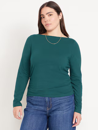 Long-Sleeve Slit-Neck Ruched Top | Old Navy (US)