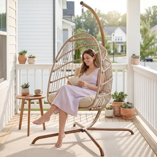 NICESOUL Cozy Hanging Egg Chair with Stand Indoor Outdoor, Wicker Patio Basket Swing Chair with Cushion and Golden Legs, 350lbs Durable Sturdy Egg Hammock Chairs for Deck Balcony Backyard Porch, Cream | Amazon (US)
