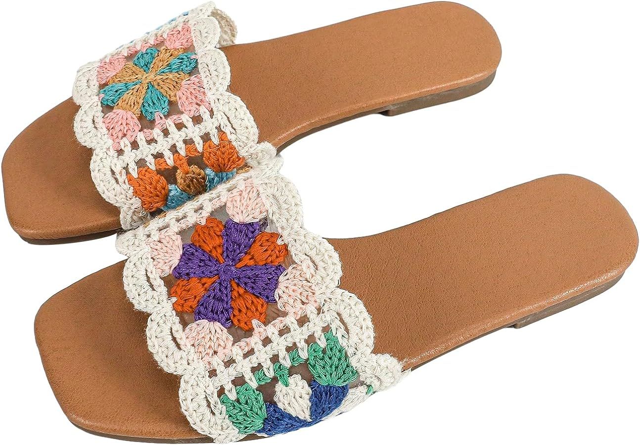 Verdusa Women's Crochet Flat Sandals Square Open Toe Slide Sandals Colorblock Trim Sandals | Amazon (US)