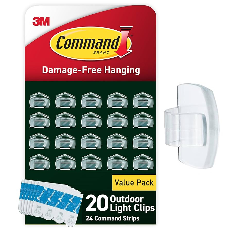Command Outdoor Light Clips, 20 Clear Clips and 24 Command Strips, Damage Free Hanging Outdoor Li... | Amazon (US)