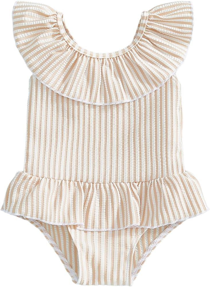 Toddler Baby Girls Seersucker Striped Sleeveless One Piece Swimsuit Bathing Suit Little Girls Ruffled Swimwear | Amazon (US)