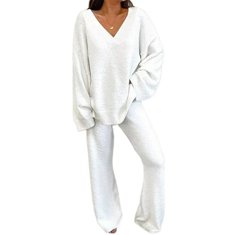 Capreze Polar Fleece Sleepwear Set Long Sleeve Lounge Sets for Women Thick Wide Leg Pajamas Home ... | Walmart (US)