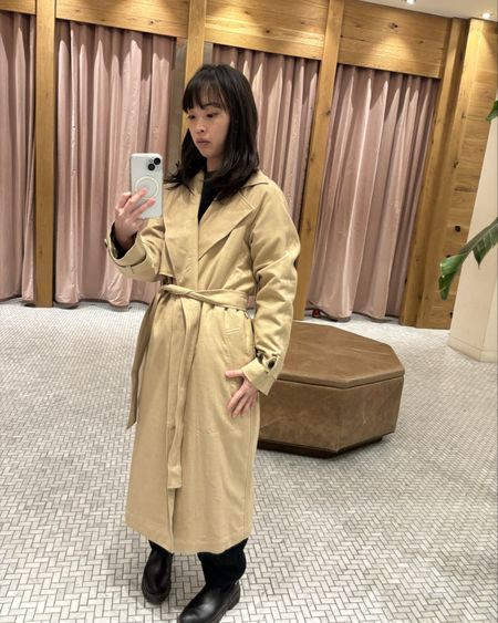 Aritzia babaton cultivate trench coat in color wicker and size 2xs. The length is good for petites (I’m 5’2”), but the sleeves looked baggy on me and the fabric appears to wrinkle very easily. I recommend the Oak and Fort trench coat instead, if you had to choose.

#LTKSeasonal #LTKstyletip