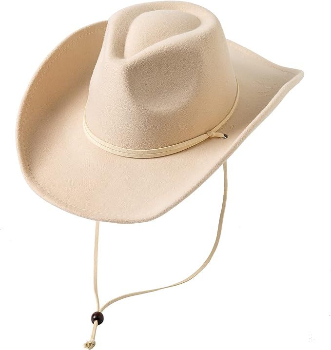 Lanzom Women Men Retro Felt Wide Brim Western Cowboy Cowgirl Hat Dress Up Hat with Wind Lanyard | Amazon (US)