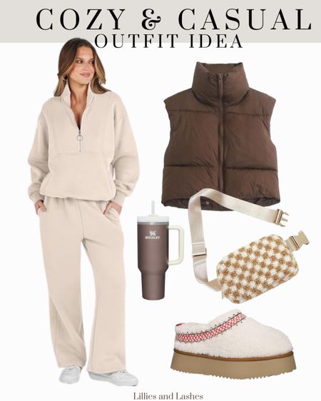 Two piece lounge set, quarter zip sweatshirt and wide leg pants, checkered belt bag, cropped brown vest. Sherpa Ugg inspired slippers, brown Stanley

Winter outfit idea, gifts for her

#LTKfindsunder100 #LTKHoliday #LTKGiftGuide