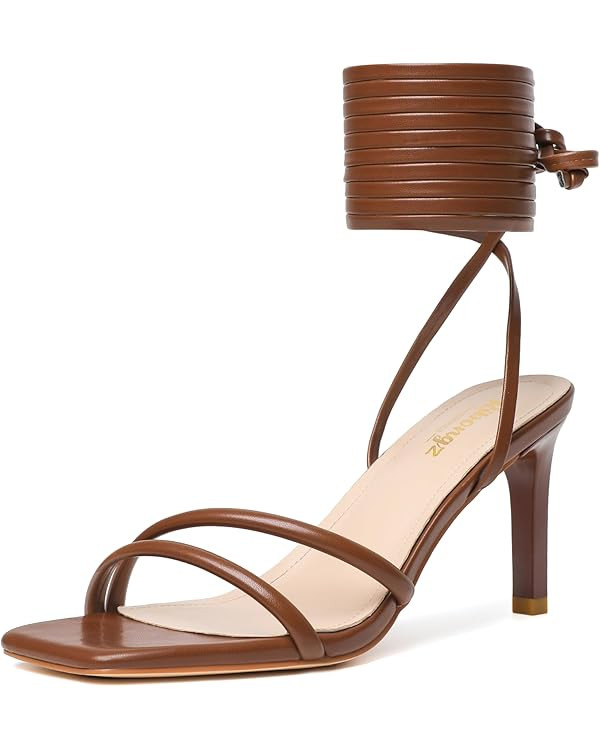 RIBONGZ Strappy Heels for Women Square Open Toe Tie Up Sandals Ankle Strap Lace Up Stiletto High ... | Amazon (US)